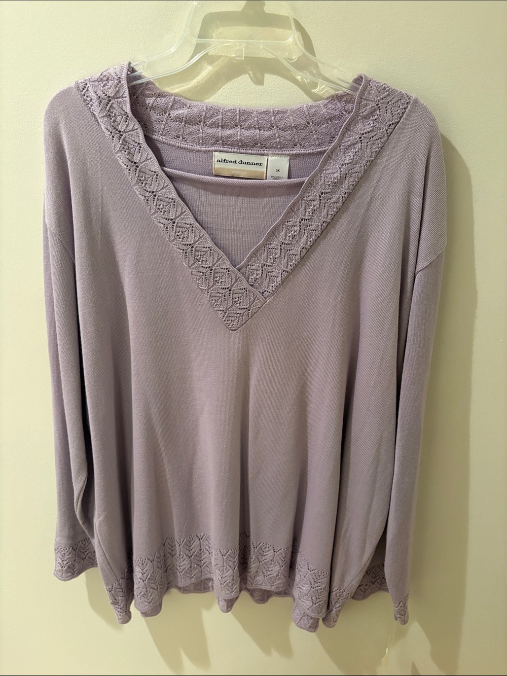 Alfred Dunner Lavender V-Neck Knit Top with Lace Trim